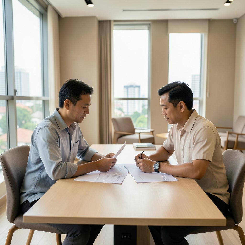 Two advisers reviewing printed warehouse scorecards at a wooden table