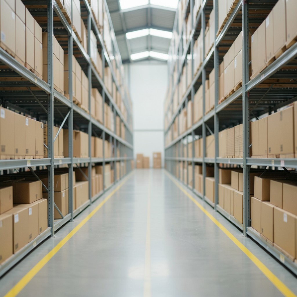 Wide aisle view inside a working warehouse with pallet racks and soft daylight