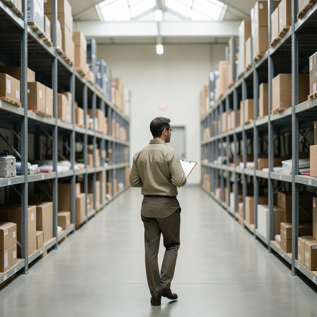 Operations adviser with a clipboard walking a warehouse aisle during a site visit